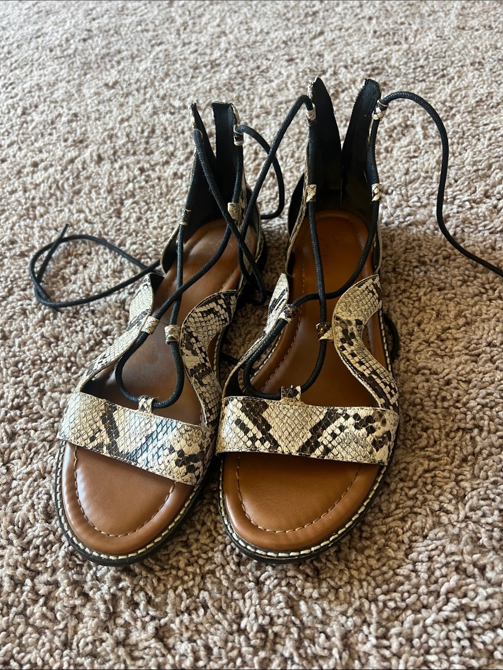 Crown Vintage Snake Lace-Up Sandals in Black & Cream Size 8.5